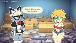 1boy 1girls 2022 animal_crossing anthro apron big_breasts blonde_hair blue_eyes bowtie braid breasts cat_ears cleavage clothed clothing crossdressing domestic_cat eyelashes eyewear felid feline felis female funny fur glasses grey_body grey_fur heterochromia hotpants large_breasts maid_uniform male mammal meme nintendo raymond_(animal_crossing) smile stockings supermoonshroom text thighs thong thong_above_shorts thong_straps tight_clothing tubetop video_games villager_(animal_crossing) watermark wide_hips