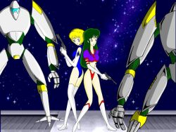 2girls ass battle blue_leotard butt green_hair gun leotard melua_melna_meia multiple_girls optip red_panties reika_kirishima robot super_robot_wars super_robot_wars_j taito time_gal