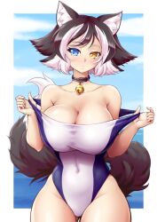 animal_ears animal_humanoid animal_tail anime_style bell_collar big_breasts black_and_white_hair breasts cat_ears cat_humanoid cat_tail catgirl cleavage collar female heterochromia kat_(mazume) mazume one-piece_swimsuit swimsuit swimsuit_pull tagme