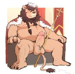 2022 anthro belly big_belly blush bodily_fluids crown cum cum_on_ground erection felid genital_fluids genitals hagom hi_res humanoid_genitalia humanoid_hands humanoid_penis kemono king lion male mammal moobs nipples overweight overweight_male pantherine penis royalty sitting solo