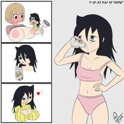 2022 2girls alternate_breast_size bags_under_eyes black_hair blonde_hair blush boob_window breasts breasts_out clothed clothes comic cow_bikini drinking embarrassed female_only kuroki_tomoko light-skinned_female light_skin long_hair milk milking_machine multiple_girls naruse_yuu panties short_hair skinny small_breasts supermoonshroom sweater text thumbs_up watashi_ga_motenai_no_wa_dou_kangaetemo_omaera_ga_warui! watermark