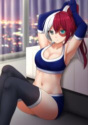 black_legwear blue_bra blue_eyes blue_gloves blue_shorts boob_window female_todoroki genderswap_(mtf) grey_eyes heterochromia large_breasts muscular muscular_female my_hero_academia ponytail red_hair rule_63 shouto_todoroki sports_bra sports_shorts stockings thighhighs two-tone_hair white_hair