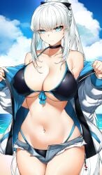 1girls 2022 beach bikini black_bikini blue_eyes booty_shorts breasts casul commission daisy_dukes daisy_dukes_bikinis_on_top fate/grand_order fate_(series) female female_only hi_res hips jacket jacket_off_shoulders jean_shorts large_breasts light-skinned_female light_skin long_hair looking_at_viewer morgan_le_fay_(fate) open_shorts outdoors short_shorts shorts slim_waist thick_thighs thighs undressing white_hair wide_hips