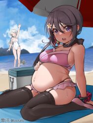 2girls abyssal_ship akebono_(kantai_collection) bangs beach beach_towel beach_umbrella bell big_belly bikini black_thighhighs blue_sky breasts casual_one-piece_swimsuit closed_eyes cloud day enemy_naval_mine_(kantai_collection) flower garter_straps grey_hair hair_bell hair_between_eyes hair_flower hair_ornament hand_on_own_stomach highleg highleg_swimsuit jingle_bell kantai_collection long_hair medium_breasts multiple_girls ocean official_alternate_costume one-piece_swimsuit outdoors outie_navel parted_bangs pregnant purple_bikini purple_eyes purple_hair sagiri_(kantai_collection) sand shinkaisei-kan side_ponytail sitting sky standing sweat swimsuit thighhighs towel umbrella very_long_hair waving white_swimsuit yuki_to_hana