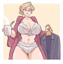 1girls big_breasts blonde_female blonde_hair bra business_suit business_woman coffee coffee_mug earrings eye_contact female female_focus female_only frown looking_at_viewer milf mommy mommy_kink mother original_character ring robe saucymojo underwear wife