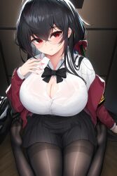 1girls 2022 absurd_res ahoge alternate_version_available azur_lane black_hair breasts damao_yu female female_only glasses hair_ornament hi_res hips huge_breasts kneeling light-skinned_female light_skin long_hair looking_at_viewer massive_breasts naughty_face pantyhose red_eyes school_uniform schoolgirl see-through_top short_skirt skirt taihou_(azur_lane) taihou_(sweet_time_after_school)_(azur_lane) thick_thighs thighs twintails wide_hips