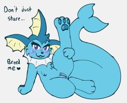 absurd_res anthro aquatic_mammal aroused_smile blue_pawpads eeveelution english_text female genitals hand_on_leg hand_on_thigh hi_res inviting_to_fuck inviting_to_sex jitterclaws looking_at_viewer nintendo pawpads pokémon_(species) pokemon presenting presenting_pussy pussy solo solo_focus tail text vaporeon video_games