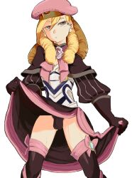 1boy bare_thighs black_panties blonde_female blonde_hair boots clothes_lift doy dress femboy fire_emblem fire_emblem_fates forrest_(fire_emblem) frown grey_eyes hat lifted_by_self male male_only medium_hair nintendo panties presenting skirt_lift thigh_boots thighs underwear upskirt white_background