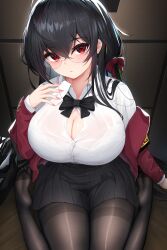 1girls 2022 absurd_res ahoge azur_lane black_hair breasts damao_yu female female_only glasses hair_ornament hi_res hips huge_breasts kneeling light-skinned_female light_skin long_hair looking_at_viewer massive_breasts pantyhose red_eyes school_uniform schoolgirl short_skirt skirt taihou_(azur_lane) taihou_(sweet_time_after_school)_(azur_lane) thick_thighs thighs twintails wide_hips