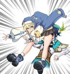 2boys ass_on_face blonde_hair blue_eyes blue_hair braid bridget dubiously_sfw femboy gay genshin_impact girly guilty_gear guilty_gear_strive hat kubang1001 looking_back male male/male male_only skirt smile venti_(genshin_impact)