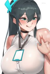 1girls armpit armpit_fetish armpits bare_shoulders big_breasts black_hair blue_eyes breasts busty buttoned_shirt dark_hair exposed_shoulders female fingering_armpit horny horny_female huge_breasts kirinkirin large_breasts licking_lips name_tag office_lady shiny_skin shirt shoulders sleeveless sleeveless_shirt steam steamy_armpits sweat sweating sweaty_armpits tight_clothing turquoise_eyes wet_hand