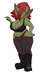 1girls 2022 areola_slip booteaclapbear boots earrings female female_only full_body goblin goblin_female green-skinned_female green_skin hand_on_hip hi_res koin_(goblin_peewee) looking_away medium_hair nose_ring pointy_ears red_eyes red_hair red_lipstick solo tank_top thick_thighs white_background wide_hips yellow_sclera