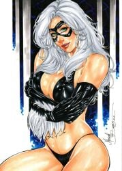 1girls bikini_bottom black_bikini black_cat_(marvel) curvaceous_figure curvy_body curvy_female curvy_figure ed_benes_studio erect_nipples felicia_hardy green_eyes latex_bikini latex_bikini_top latex_gloves latex_thong long_hair looking_at_viewer mariah_benes marvel marvel_comics red_lipstick seductive_look solo_female tagme voluptuous_female white_hat