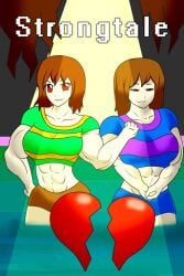 abs blue_shirt brown_hair chara closed_eyes clothed clothed_female clothing female female_focus female_only females females_only frisk green_shirt grin grinning grinning_at_viewer hand_on_hip hand_on_hips muscular muscular_arms muscular_female oh_shit_oh_fuck purple_shirt red_eyes red_eyes_female undertale undertale_(series)