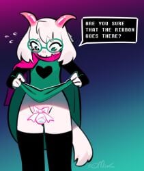 2022 2_horns anthro black_clothing black_legwear blush bodily_fluids bovid caprine chastity clothed clothing deltarune dialogue english_text eyewear front_view fur furry furry_only girly glasses goat green_clothing green_eyes green_eyewear green_glasses green_robe heart horn legwear looking_down male male_only mammal open_mouth penis_ribbon pink_horn pink_scarf raised_robe ralsei ribbon_chastity robe scarf solo somik speech_bubble sweat sweatdrop tail text thigh_highs undertale_(series) video_games white_body white_clothing white_fur white_robe