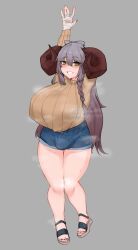 1futa breasts bulge curved_horn draph draph_race_(granblue_fantasy) fully_clothed futa_only futanari granblue_fantasy horns huge_breasts humanoid light-skinned_futanari light_skin long_hair musk_clouds original_character short_shorts shorts shortstack solo solo_futa soya6479 standing sweat sweater thick_thighs