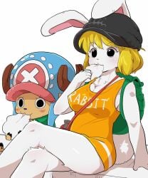 1boy 1boy1girl 1girls 2d backpack blonde_hair blush breasts bunny bunny_ears bunny_girl bunny_tail carrot_(one_piece) cute dagasi eating female hand_on_food hand_on_ground hat horn larger_female male nipple_bulge no_bra no_humans no_panties one_piece reindeer reindeer_antlers reindeer_ears reindeer_humanoid sfw shirt shounen_jump smaller_male text text_on_clothing tony_tony_chopper white_background white_body white_fur wholesome x yellow_hair