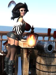 3d 3d_(artwork) black_hair ekfylia elf elf_ears elf_female elf_girl female green_eyes leather leather_skirt microskirt original_character pinup pirate pointy_ears taidoro twelf_woodstrider