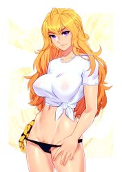 1girls bikini_bottom blonde_female blonde_hair eyebrows_visible_through_hair fit fit_female glossy_lips grapesliime knotted_shirt long_hair looking_at_viewer panties panties_down phloxberry prosthetic prosthetic_arm prosthetic_limb pubic_hair pubic_hair_peek rwby shiny_hair shiny_skin shirt simple_background smile solo tagme tied_shirt violet_eyes white_background yang_xiao_long yellow_hair