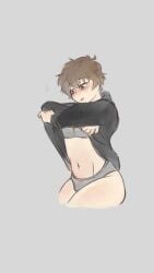 aged_up au blue_eyes boy brown_hair crossdressing crying_child_(fnaf) embarrassed genderswap heart_eyes hoodie hoodie_lift male_only panties submissive thighs