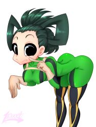 1girls 2020 absurd_res bent_over big_eyes black_eyes bodysuit female female_only finger_to_face green_hair legwear lexart_thighzzzz looking_at_viewer my_hero_academia nipple_bulge solo solo_female thick_thighs thigh_squish tied_hair tsuyu_asui white_background wide_eyed