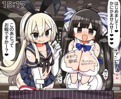 2girls :d :p black_bow black_hair blonde_female blue_bow blue_ribbon blue_sailor_collar blue_skirt blush body_writing bow breast_squeeze breasts brown_eyes collarbone comiket covered_navel crossover dungeon_ni_deai_wo_motomeru_no_wa_machigatteiru_darou_ka elbow_gloves fellatio_gesture flat_chested gloves hairbow hestia_(danmachi) huge_breasts japanese_text kanikama kantai_collection looking_at_viewer miniskirt multiple_girls navel pleated_skirt ribbon sailor_collar shimakaze_(kantai_collection) skirt smile speech_bubble striped striped_thighhighs sweat tally text thighhighs tongue tongue_out translated v_arms white_gloves white_hair