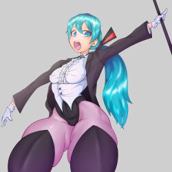 1girls 2020 aqua_hair blue_eyes blue_hair clothing female female_only gloves grey_background hatsune_miku hi_res legwear lexart_thighzzzz long_hair looking_at_viewer magician pantyhose ponytail solo solo_female thick_thighs thigh_squish vocaloid wand wide_eyed