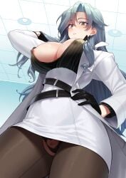 1girls areola_slip azur_lane belt big_breasts black_gloves black_hair black_shirt blouse breasts chkalov_(azur_lane) cleavage clitoris clothing_cutout coat covered_nipples crotchless crotchless_pantyhose earrings eyelashes eyeliner female female_only female_pubic_hair from_below gloves green_eyes hand_in_own_hair hand_on_hip hi_res high-waist_skirt highres labcoat light-skinned_female light_skin lingerie lipstick long_hair makeup mole nipples nipples_visible_through_clothing no_bra northern_parliament_(azur_lane) open_clothes open_shirt panties panty_peek pantyhose pencil_skirt pubic_hair pussy shirt shirt_tucked_in skirt solo striped striped_shirt supurai underwear vertical-striped_shirt vertical_stripes white_coat