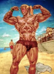 bara beach blonde_hair blushing bulge flexing looking_at_viewer nipple_piercing precum precum_drip rokudenashi tagme tanline yaoi