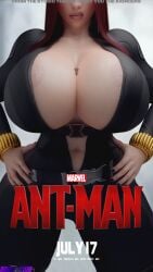 1boy 1girls 3d ant-man ant-man_(series) black_fingernails black_widow_(marvel) blender_(software) bodysuit breasts_bigger_than_head cleavage drakepowers female huge_breasts human human_only light-skinned_female light-skinned_male light_skin male marvel marvel_cinematic_universe micro_on_macro movie_poster natasha_romanoff scott_lang tagme unzipped unzipped_bodysuit