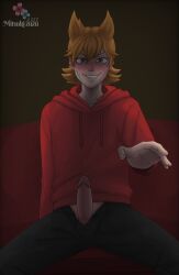 1boy black_background brown_hair darkness eddsworld looking_at_viewer looking_back mitsukizuzu pants penis red_hoodie smile tord tord_(eddsworld) unbuttoned unbuttoned_pants