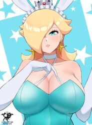 1girls blonde_hair blue_eyes breasts bunnysuit cleavage clothed clothing crown earrings elbow_gloves female female_only gloves hair_over_one_eye kaos_art maid_headdress mario_(series) nintendo princess_rosalina solo super_mario_galaxy white_gloves yellow_hair