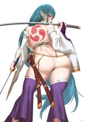 1girls ass back back_view big_ass big_butt blue_hair earring earrings elf elf_ears elf_female female female_only hime_cut huge_ass huge_butt katana kirinkirin long_ears long_hair looking_back lyris_saionji_(zahylon) original_character pink_eyes pointy_ears revealing_clothes scabbard solo sword sword_on_shoulder tagme tattoo tattoo_on_back tattoos thick thick_ass thick_thighs thighs tomoe_(symbol) turquoise_hair warrior weapon zahylon