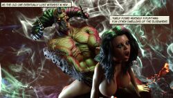 3d 3d_(artwork) black_hair comic comic_page deep_penetration demon demon_horns ekfylia elf elf_ears elf_female elf_girl female from_behind green_eyes implied_penetration implied_sex lifted_by_another orgasm_face original_character pointy_ears runny_makeup taidoro twelf_woodstrider