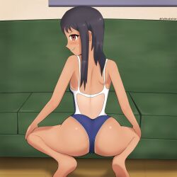 1girls ass black_hair blush brown_eyes clothed clothing exposed_back female_focus female_only hayase_nagatoro long_hair looking_at_viewer looking_back nervous_smile one-piece_swimsuit please_don't_bully_me,_nagatoro pose revealing_clothes school_swimsuit solo spread_legs swimsuit tan tan_body tanline tanned thighs yorhaeater