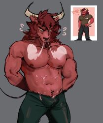 1boy anthro belt biceps bodily_fluids bottomwear bovid bovine breath_cloud bulge cattle clock clothed clothing cum cum_on_belly cum_on_body deltoids facial_piercing footwear fully_clothed fur genital_fluids hands_behind_back horn male male_only mammal muscular name_tag nipples nose_piercing nose_ring otternito pants pecs piercing polo_shirt portrait red_body red_fur ring_piercing shirt shoes simple_background solo standing three-quarter_portrait topless topless_anthro topless_male topwear watch wristwatch