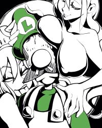 1boy 2019 2girls areolae big_breasts black_and_white breast_smother breasts crown ghost_girl greenie greeniette huge_breasts licking living_the_dream luigi luigi's_mansion mario_(series) new_super_mario_bros._u_deluxe nintendo nisego overalls seductive super_crown sweat tongue_out