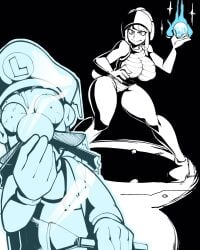 1boy 1girls 2019 big_breasts black_and_white black_background curvy flashlight frozen helmet ice ice_bros. ice_brosette leotard luigi luigi's_mansion mario_(series) new_super_mario_bros._u_deluxe nintendo nisego stuck_in_ice tail thick_thighs trapped_in_ice voluptuous wide_hips