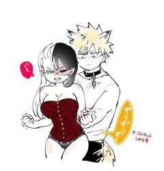 1boy 1girls busty cleavage clenched_hands corset female female_todoroki halloween katsuki_bakugou lingerie male my_hero_academia panties red_corset rule_63 shouto_todoroki two_tone_hair wolf_ears wolf_tail