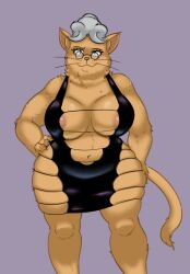 2022 anthro areola areola_slip aunt_polly big_breasts black_clothing black_dress breasts clothing cocktail_dress curvy_figure digital_media_(artwork) domestic_cat dress eyewear felid feline felis female fur fur_tuft glasses glistening glistening_areola glistening_breasts glistening_eyes grey_background grey_hair hair hand_on_hip hi_res inner_ear_fluff looking_at_viewer mammal mature_anthro mature_female navel overweight overweight_anthro overweight_female pink_areola plunging_neckline prick_ears red_nose short_hair simple_background smile smirk solo standing stupidgnoll thick_thighs tom_sawyer_(2000_film) tuft voluptuous whiskers wide_hips