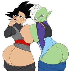 2022 2girls ass big_ass big_boobs big_breasts big_butt big_butt_(female) black_eyes black_eyes_female black_hair black_hair_female breast_to_breast detnox dragon_ball dragon_ball_super eyelashes fat_ass female female_focus female_goku female_goku_black female_only female_zamasu goku_black green_skin huge_boobs huge_breasts large_boobs large_breasts multiple_girls partially_clothed partially_undressed pointy_ears ring rule_63 shounen_jump thick thick_ass thick_butt thick_thighs time_ring white_background white_hair zamasu