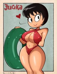 1girls bikini bikini_bottom bikini_top black_hair breasts cleavage female jucika smile thick_thighs underboob wide_hips