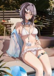 1girls arknights badge bare_shoulders beach_ball belly big_breasts black_hair blush bra breasts embarrassed female female_only frilled_bra frilled_panties frilled_swimsuit goggles grey_eyes grey_hair hairclip hand_on_belly highres la_pluma_(arknights) la_pluma_(summer_flowers)_(arknights) legs light-skinned_female looking_at_viewer midriff nail_polish navel outdoors outside panties pool ru_zhai short_hair sitting solo stomach swimming_goggles swimsuit thigh_strap thighs tied_hair waist wet_skin whistle white_bra white_panties white_swimsuit