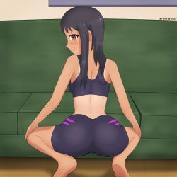 1girls ass back back_view bike_shorts black_hair blush brown_eyes cameltoe clothed clothing female_focus female_only hayase_nagatoro long_hair looking_at_viewer please_don't_bully_me,_nagatoro pose revealing_clothes solo spandex spats spread_legs squatting tan tan_body tanline tanned thighs tight_clothing workout_clothes yorhaeater