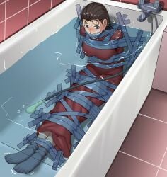 arms_tied_behind_back asphyxiation bathtub bondage bound_ankles bound_legs brown_hair detective_conan drowning gag gagged haimei1980 looking_at_viewer peril reika_yotsui tape tape_bondage tape_gag tears