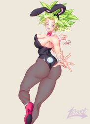 1girls 2020 ass blue_eyes bunny_ears bunny_tail bunnysuit detached_collar dragon_ball dragon_ball_super female female_only green_hair happy heels kefla legendary_super_saiyan lexart_thighzzzz looking_at_viewer looking_back neck_ribbon pantyhose potara_earrings saiyan simple_background smiling_at_viewer solo solo_female spiky_hair super_saiyan wrist_cuffs