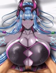 1boy animated bangs black_swimsuit body_markings bouncing_breasts breast_cutout breast_grab breast_squeeze breasts cleavage clothed_female_nude_male collarbone colored_skin competition_swimsuit dragon_girl engulfing_paizuri fate/grand_order fate_(series) female grabbing grey_skin horns huge_breasts ibuki_douji_(fate) ibuki_douji_(swimsuit_berserker)_(fate) juno_(pixiv32541104) large_breasts large_penis looking_at_viewer lying monster_girl nude one-piece_swimsuit oni oni_horns paizuri paizuri_under_clothes penis pointy_ears pov pov_paizuri pov_titfuck pubic_hair purple_hair red_eyes sex sidelocks smile straddling_paizuri swimsuit tip_peeking titfuck