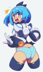 1girls 2022 ass blue_panties capcom cute embarrassed euf-dreamer looking_at_viewer looking_back mega_man mega_man_x mega_man_x_dive panties rico_(mega_man) rockman rockman_x rockman_x_dive shocked_expression small_ass solo solo_female