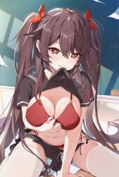 1girls 2022 absurd_res alternate_breast_size bikini bikini_under_clothes breasts brown_hair classroom female female_only genshin_impact hips houk1se1 houkiboshi_(mmjw7432) hu_tao_(genshin_impact) huge_breasts indoors long_hair looking_at_viewer naughty_face red_bikini red_eyes school_uniform schoolgirl skindentation slim_waist smile suggestive_look symbol-shaped_pupils thick_thighs thighhighs thighs top_lift wide_hips