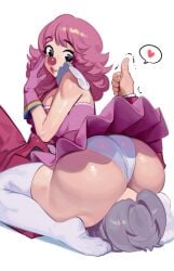 1boy 1girls ace_attorney ass big_ass bursting_butt capcom clown clown_girl clussy dat_ass dress facesitting female from_behind geiru_toneido gyakuten_saiban huge_ass male miles_edgeworth nia_(nia4294) panties pink_dress pink_hair sitting_on_person thumbs_up unseen_male_face upskirt white_background